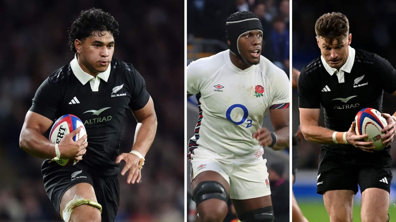 Split image of All Blacks flanker Wallace Sititi, England's Maro Itoje and fly-half Beauden Barrett.