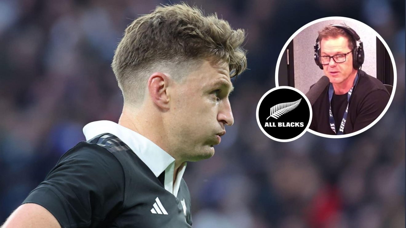 All Blacks fly-half Beauden Barrett and an insert of ex-scrum-half Steve Devine.