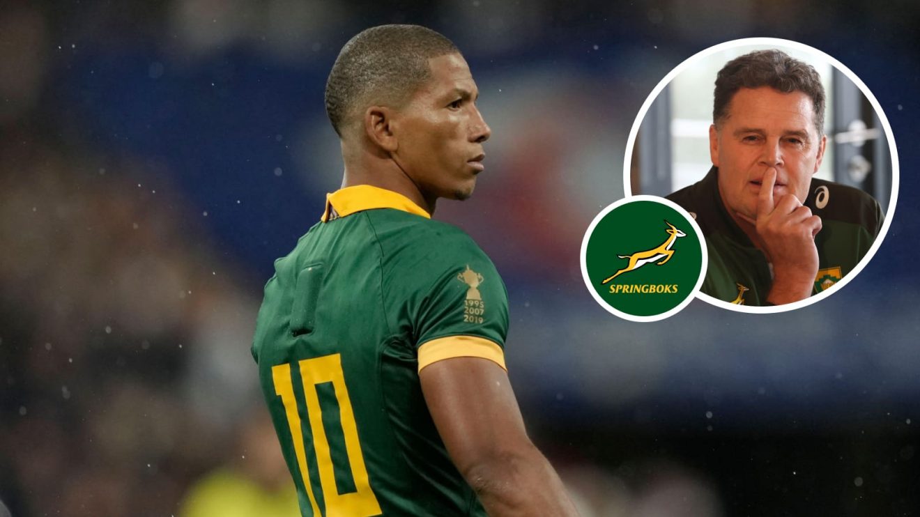 Springboks fly-half Manie Libbok and an insert of head coach Rassie Erasmus.