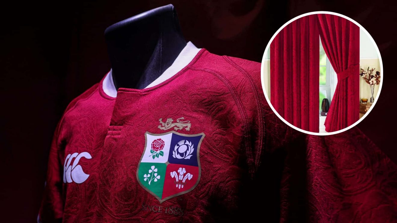 The 2025 British and Irish Lions and Canterbury jersey (Inpho) and an insert of curtains.