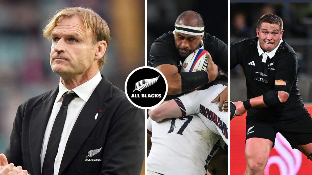 Split image of All Blacks head coach Scott Robertson, lock Patrick Tuipulotu and prop Ethan de Groot.