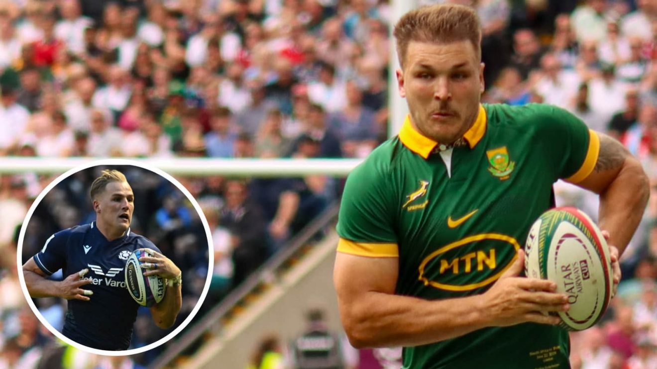 Springboks centre Andre Esterhuizen and South African-born Scot, Duhan van der Merwe (inset).