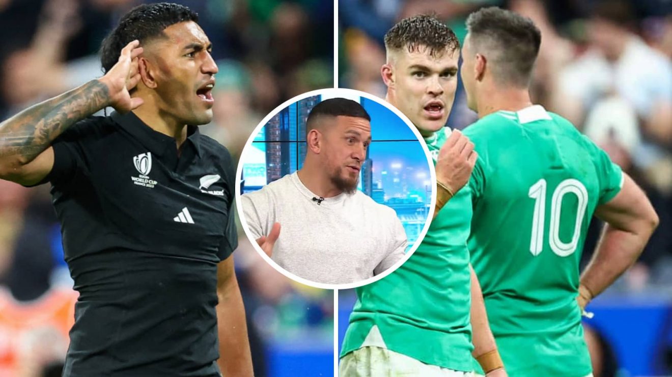 Rieko Ioane (left) and Johnny Sexton (right) with former All Black Sonny Bill Williams (inset, middle).