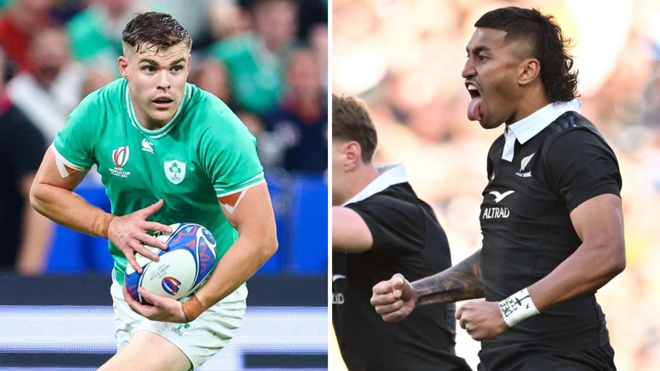 Split image of Ireland centre Garry Ringrose and All Blacks midfielder Rieko Ioane.