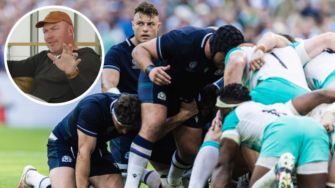 Scotland scrummaging against Springboks at the 2023 Rugby World Cup, and former South Africa flanker Schalk Burger (inset).