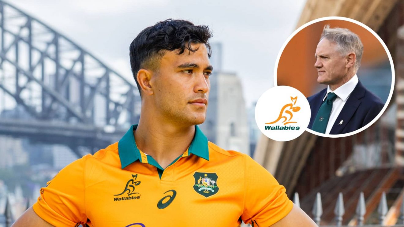 Joseph Suaalii and an insert of Wallabies head coach Joe Schmidt.