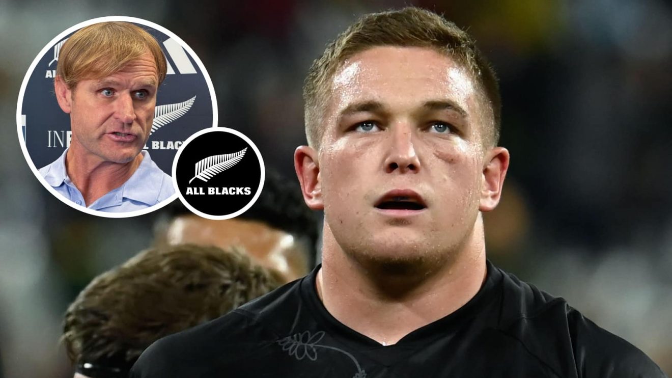 All Blacks prop Ethan de Groot and an insert of head coach Scott Robertson