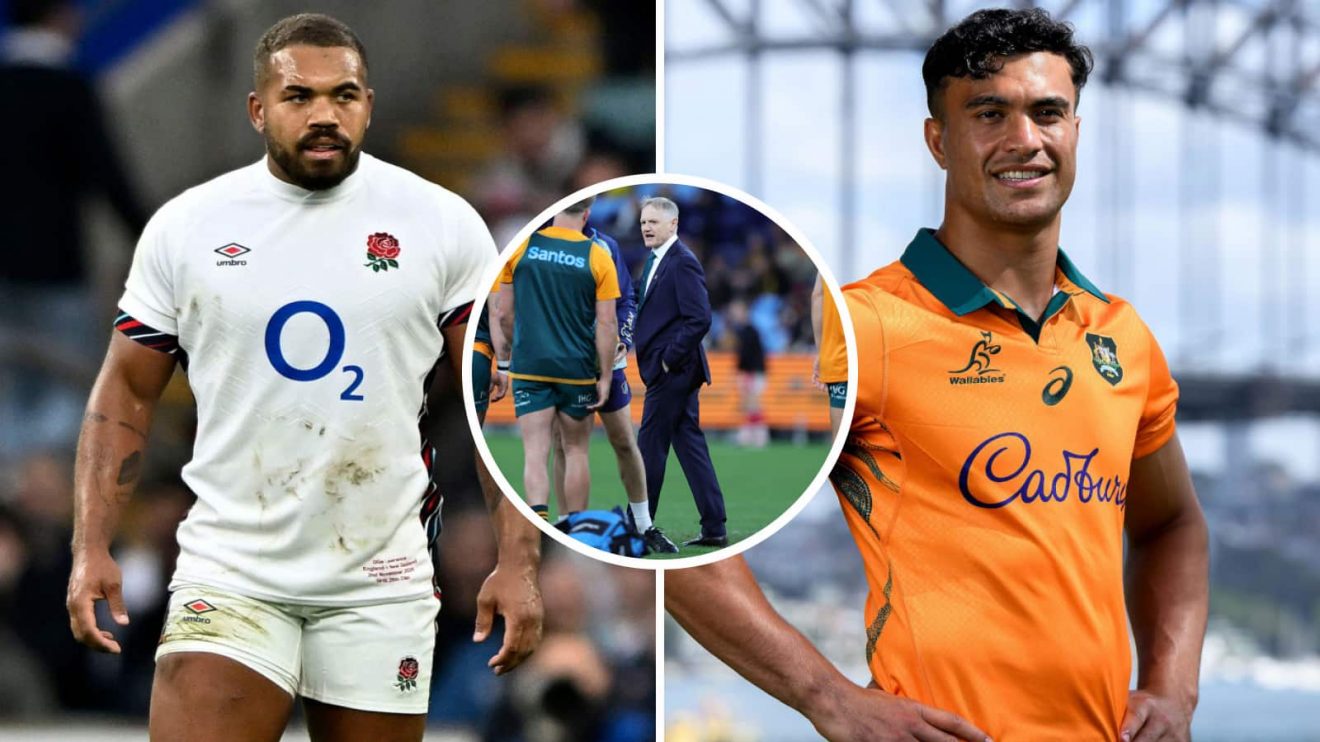 England centre Ollie Lawrence (left) alongside the Wallabies' Joseph Suaalii (right) and Joe Schmidt (inset, middle).