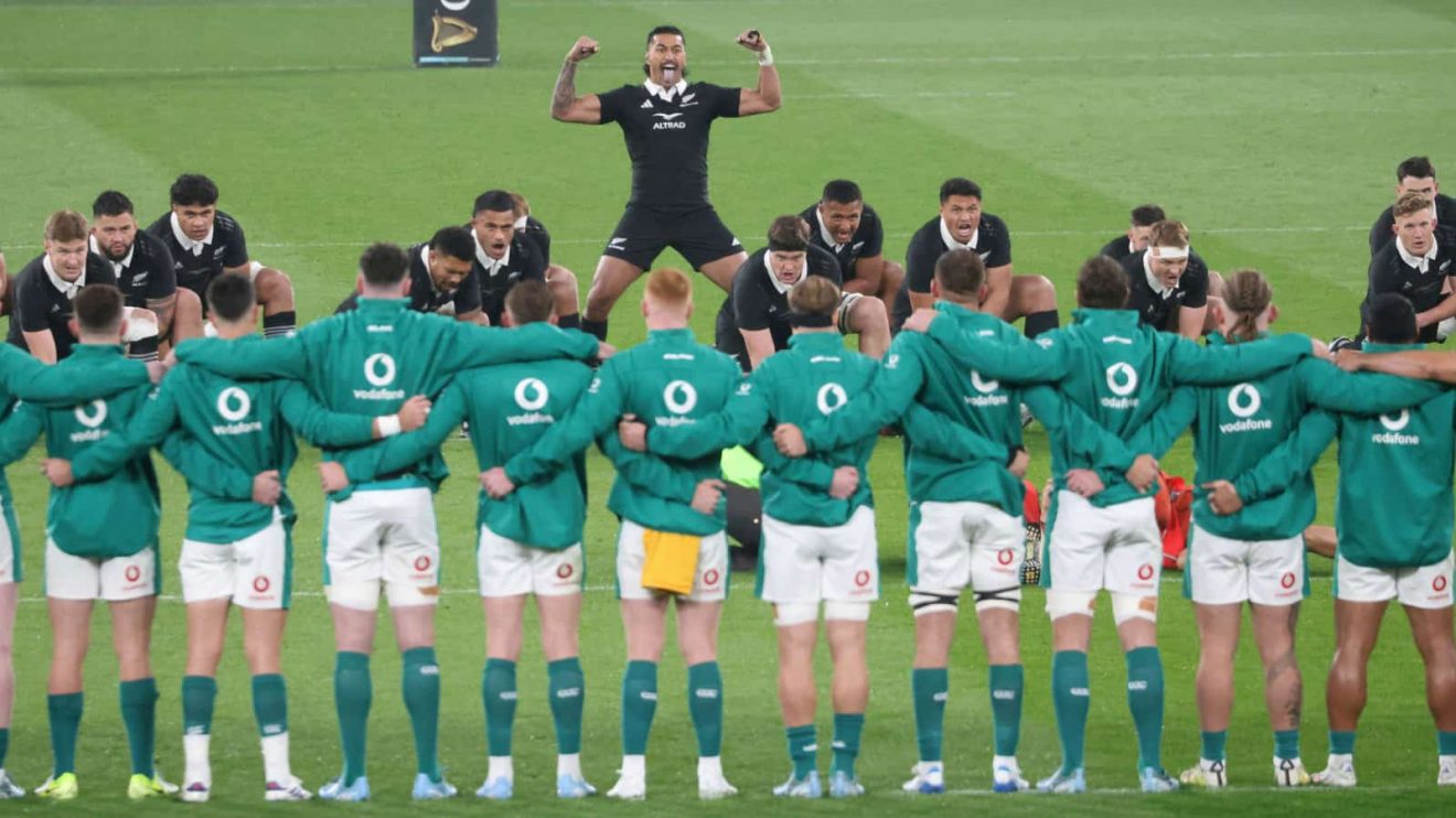 Rieko Ioane leading the haka ahead of All Blacks' game against Ireland in 2024.