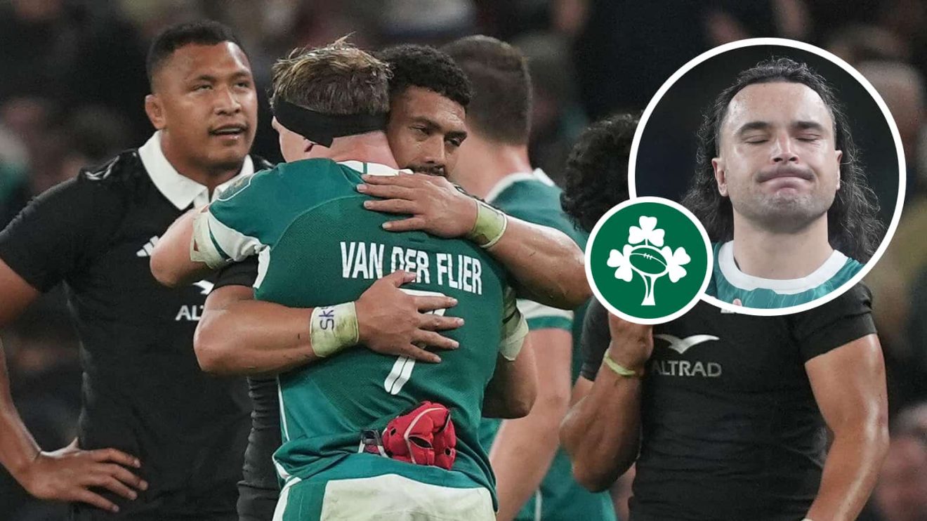 Josh van der Flier and Ardie Savea embrace after Ireland v New Zealand and an insert of James Lowe.