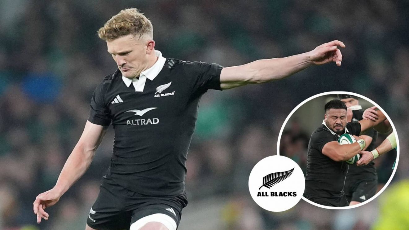 All Blacks duo Damian McKenzie and Asafo Aumua (inset) in action against Ireland in 2024.