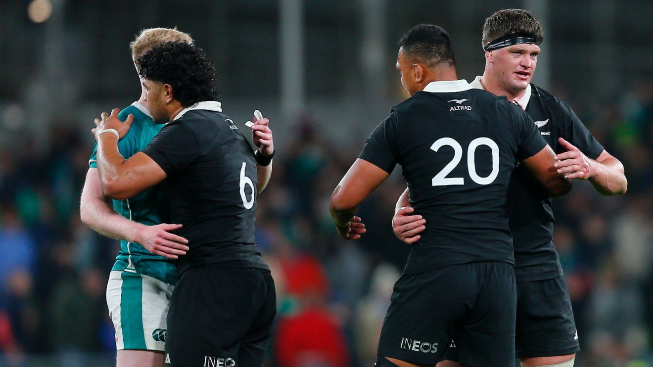 Scott Barrett (right) and All Blacks celebrate win over Ireland.