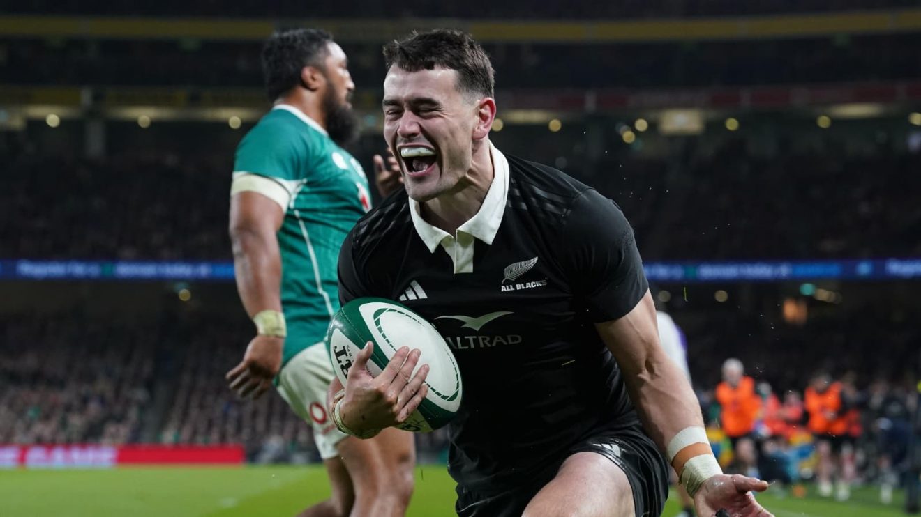 New Zealand's Will Jordan celebrates scoring a try during the Autumn international match at Aviva Stadium, Dublin