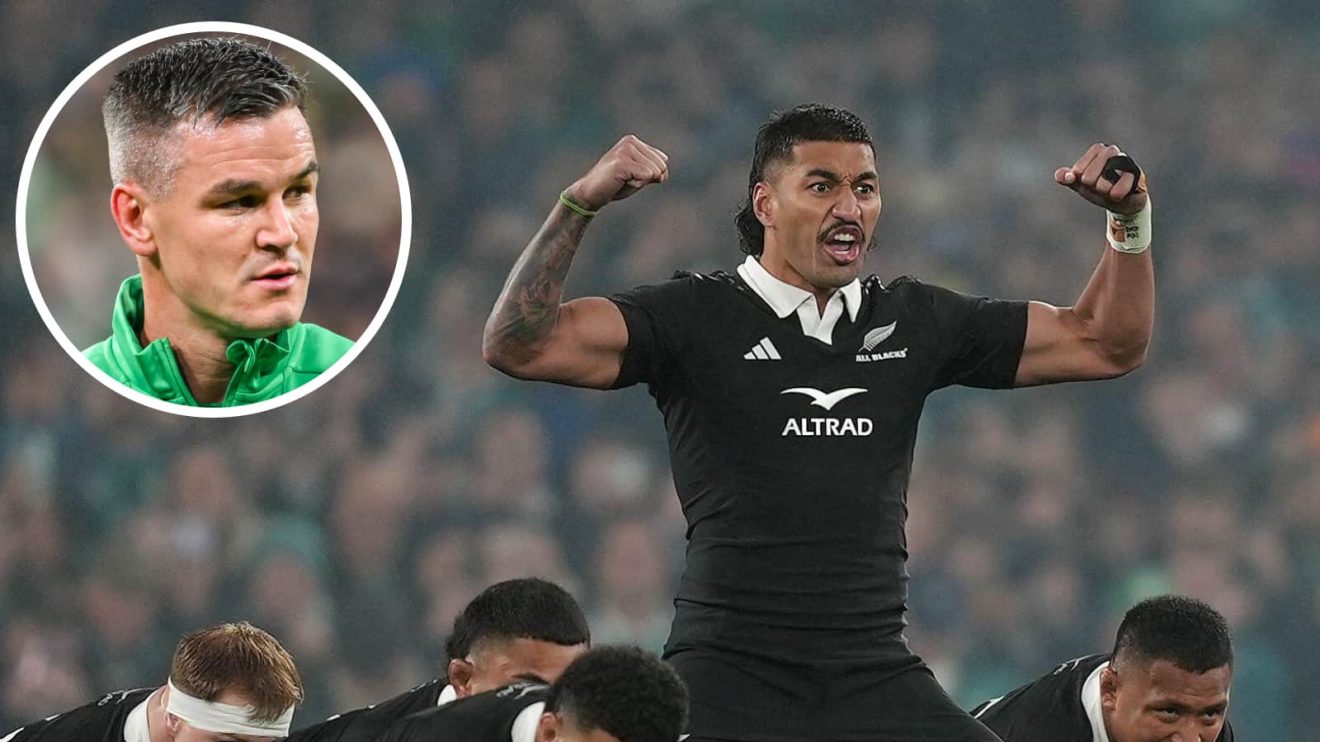 All Blacks centre Rieko Ioane and an insert of former Ireland captain Johnny Sexton