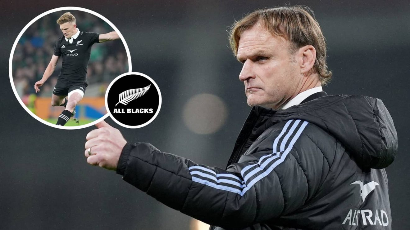 All Blacks head coach Scott Robertson and fly-half Damian McKenzie (inset) kicking against Ireland.