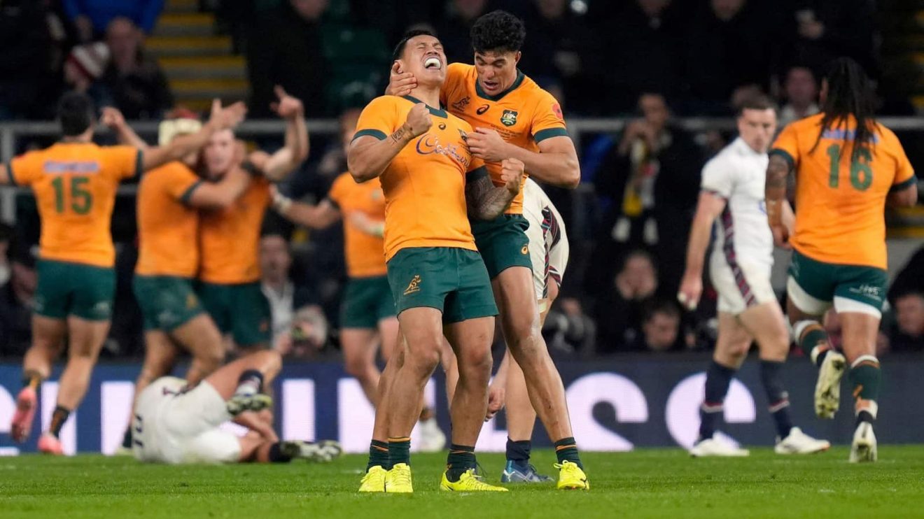 Wallabies celebrate Max Jorgensen's winning try against England in 2024.