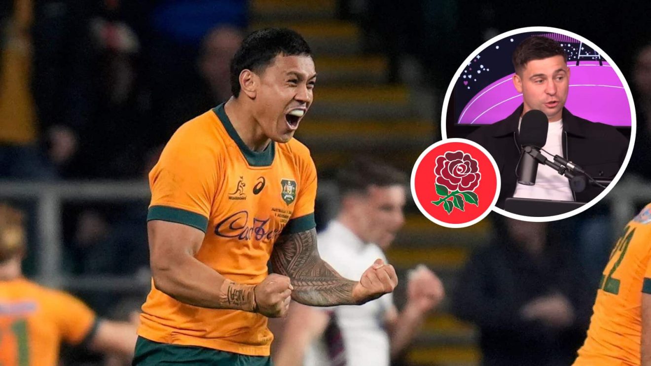 Wallabies centre Len Ikitau celebrates and an insert of ex-England scrum-half Ben Youngs.