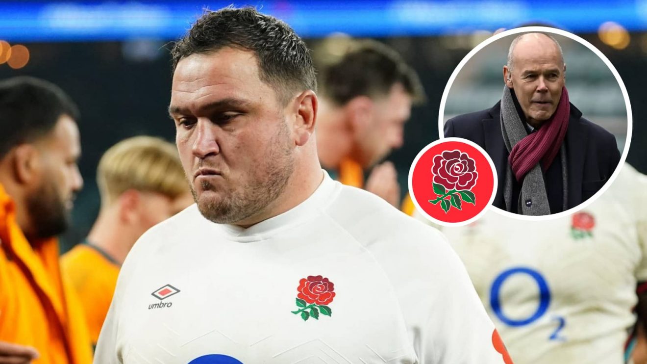 England captain Jamie George and an insert of ex-head coach Sir Clive Woodward