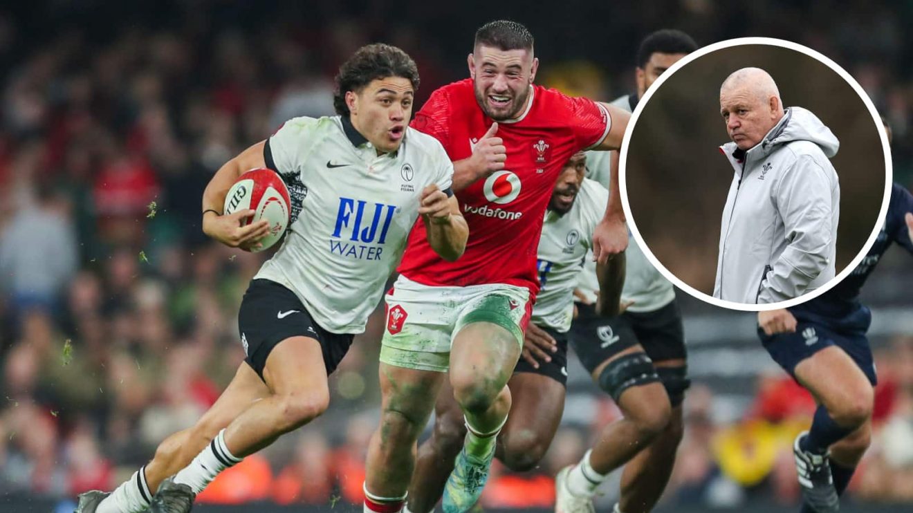 Fiji star Caleb Muntz and an insert of Wales head coach Warren Gatland.