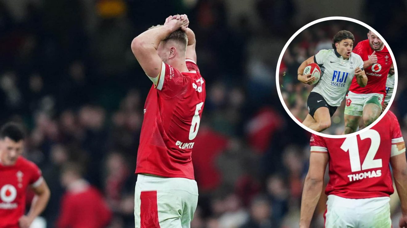 Wales back-rower Taine Plumtree and an insert of Fiji fly-half Caleb Muntz.