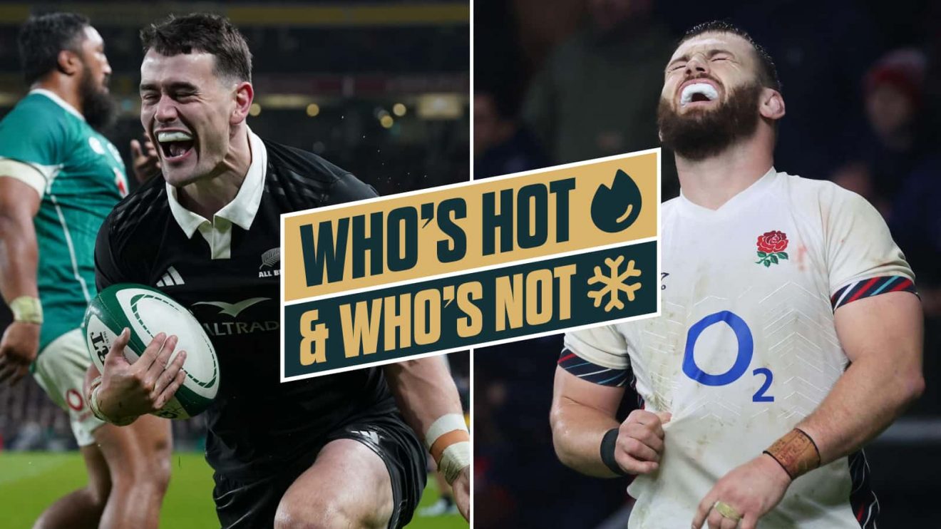 A split image of All Blacks star Will Jordan and England hooker Luke Cowan-Dickie.