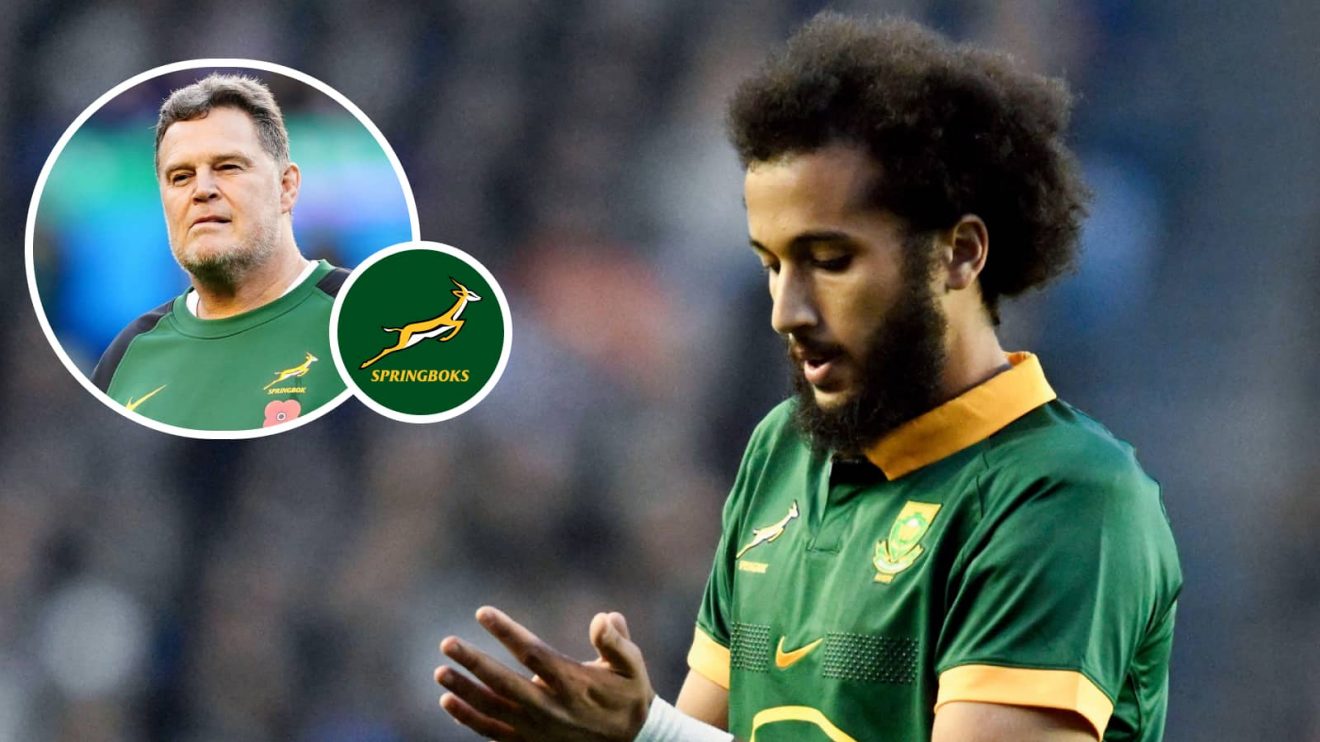 Springboks scrum-half Jaden Hendrikse and an insert of head coach Rassie Erasmus.