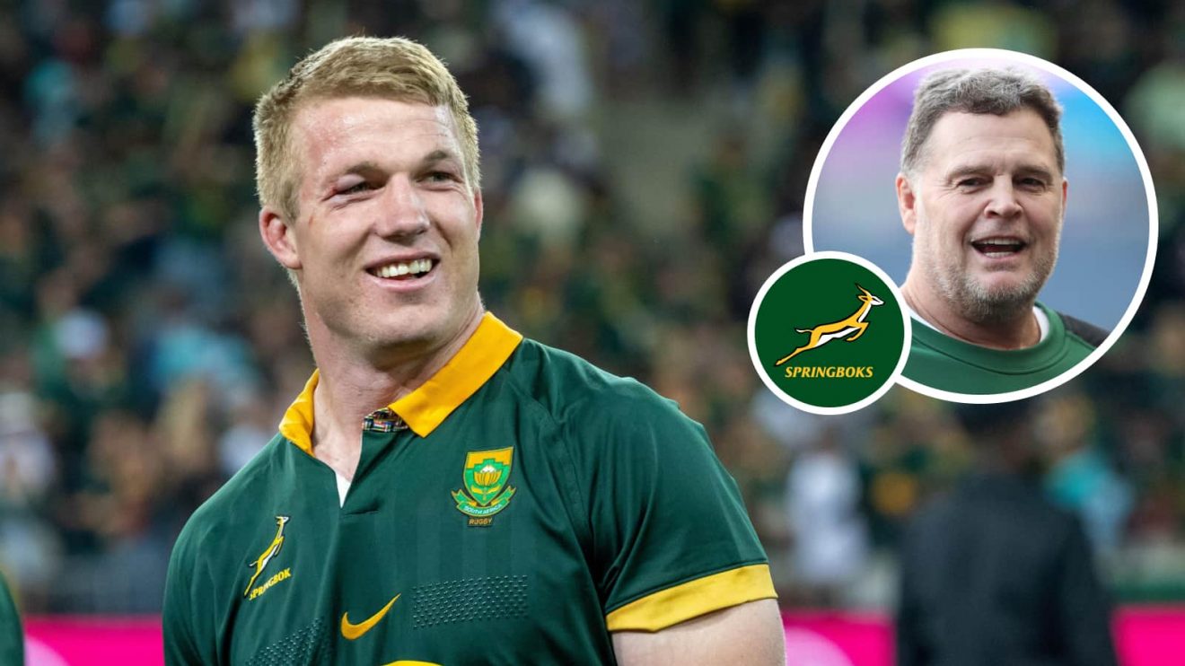 Springboks forward Pieter-Steph du Toit and an insert of head coach Rassie Erasmus