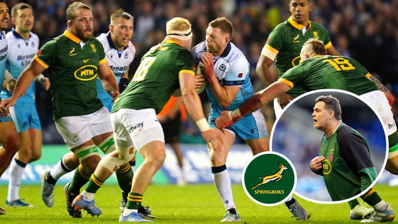 Members of the Springboks Bomb Squad tackling Scotland's Finn Russell, and head coach Rassie Erasmus (inset).
