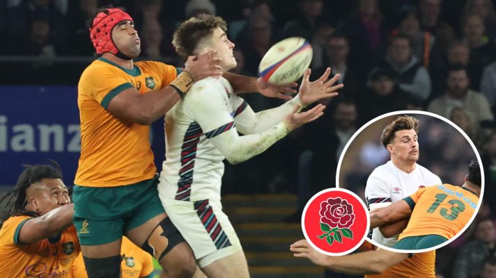 England and Wallabies competing for high ball in Autumn Nations Series clash, and centre Henry Slade (inset).