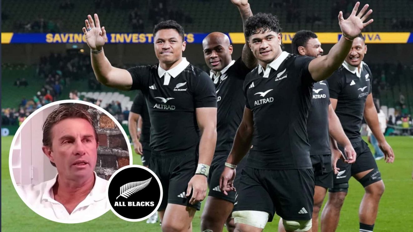 All Blacks players following their victory over Ireland and former New Zealand scrum-half Justin Marshall (inset).