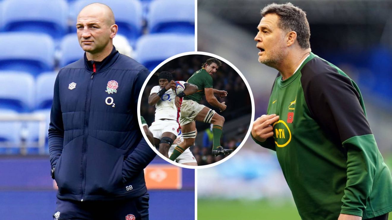 England head coach Steve Borthwick (left) and Springboks boss Rassie Erasmus (right) as Maro Itoje and Eben Etzebeth (inset, middle) battle.