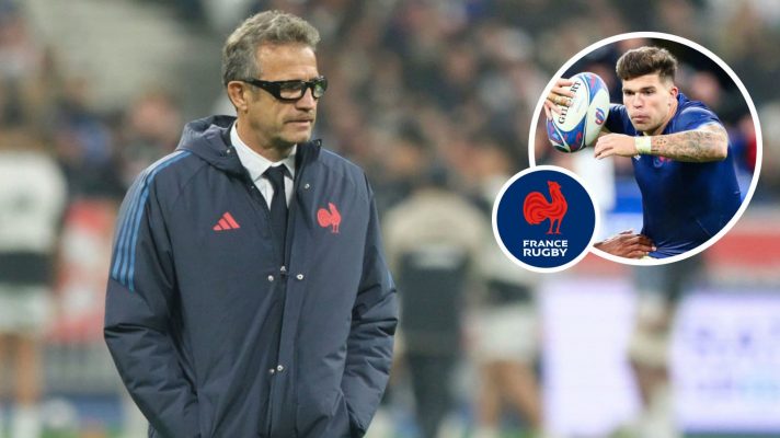 France head coach Fabien Galthie and fly-half Matthieu Jalibert (inset).