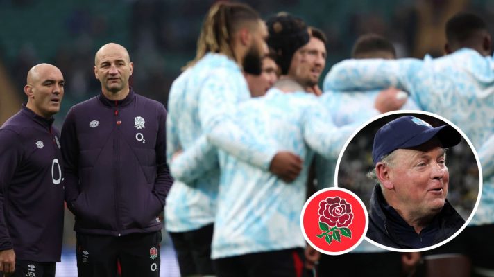 England head coach Steve Borthwick watches on as his team huddles, and ex-Springboks boss Jake White.