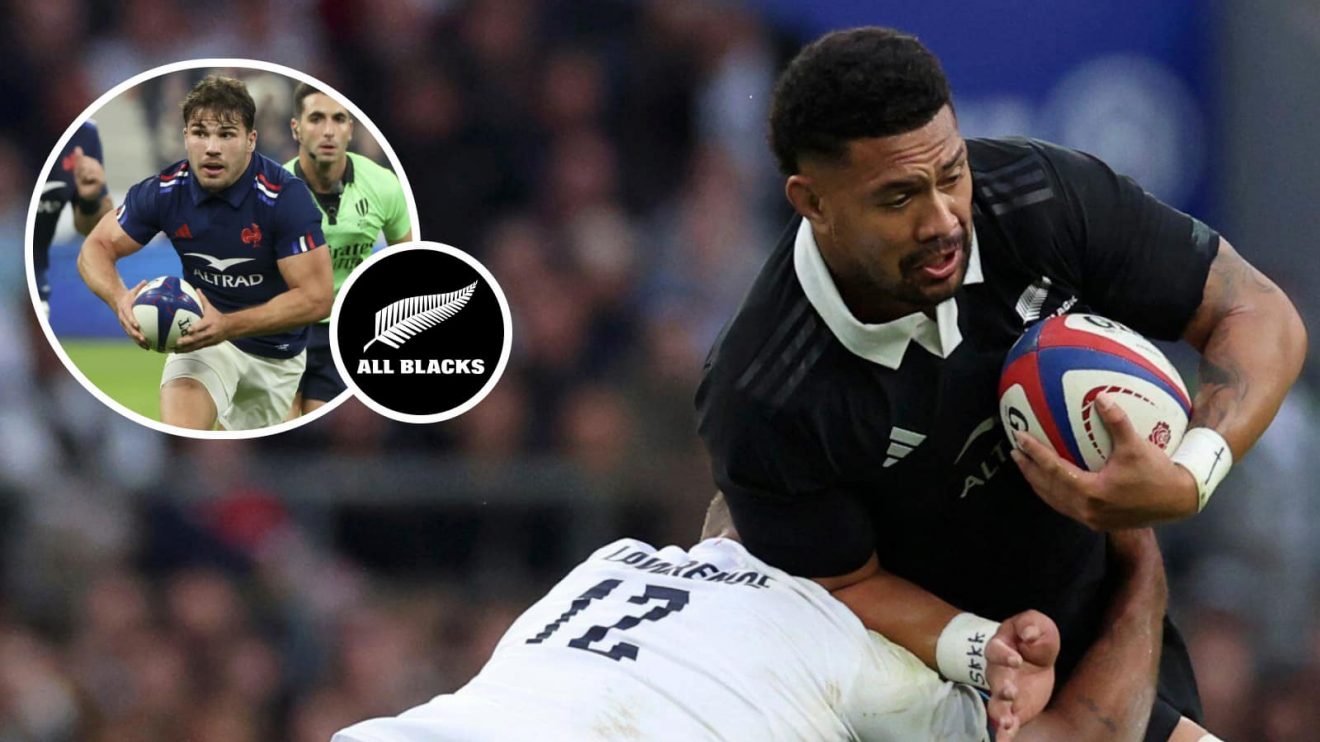 Ardie Savea in action for All Blacks against England and France star Antoine Dupont (inset) facing Japan.