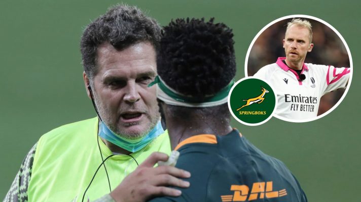 Springboks boss speaking to Siya Kolisi as the 'waterboy' and former referee Wayne Barnes (inset).
