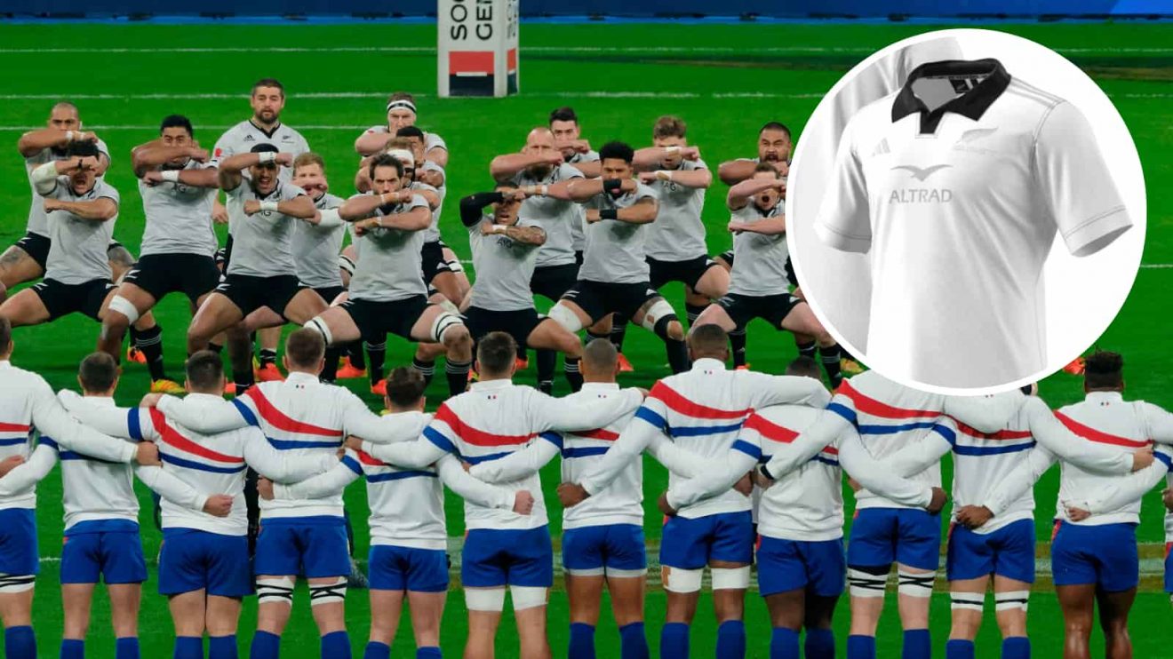 New Zealand All Blacks Haka during the 2021 Autumn Nations Series match against France and insert of the 2024 alternate jersey.