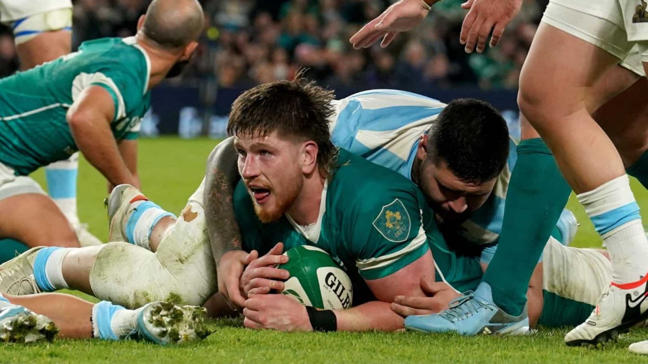 Ireland's Joe McCarthy scores their side's third try of the game during the Autumn international match against Argentina at the Aviva Stadium, Dublin.