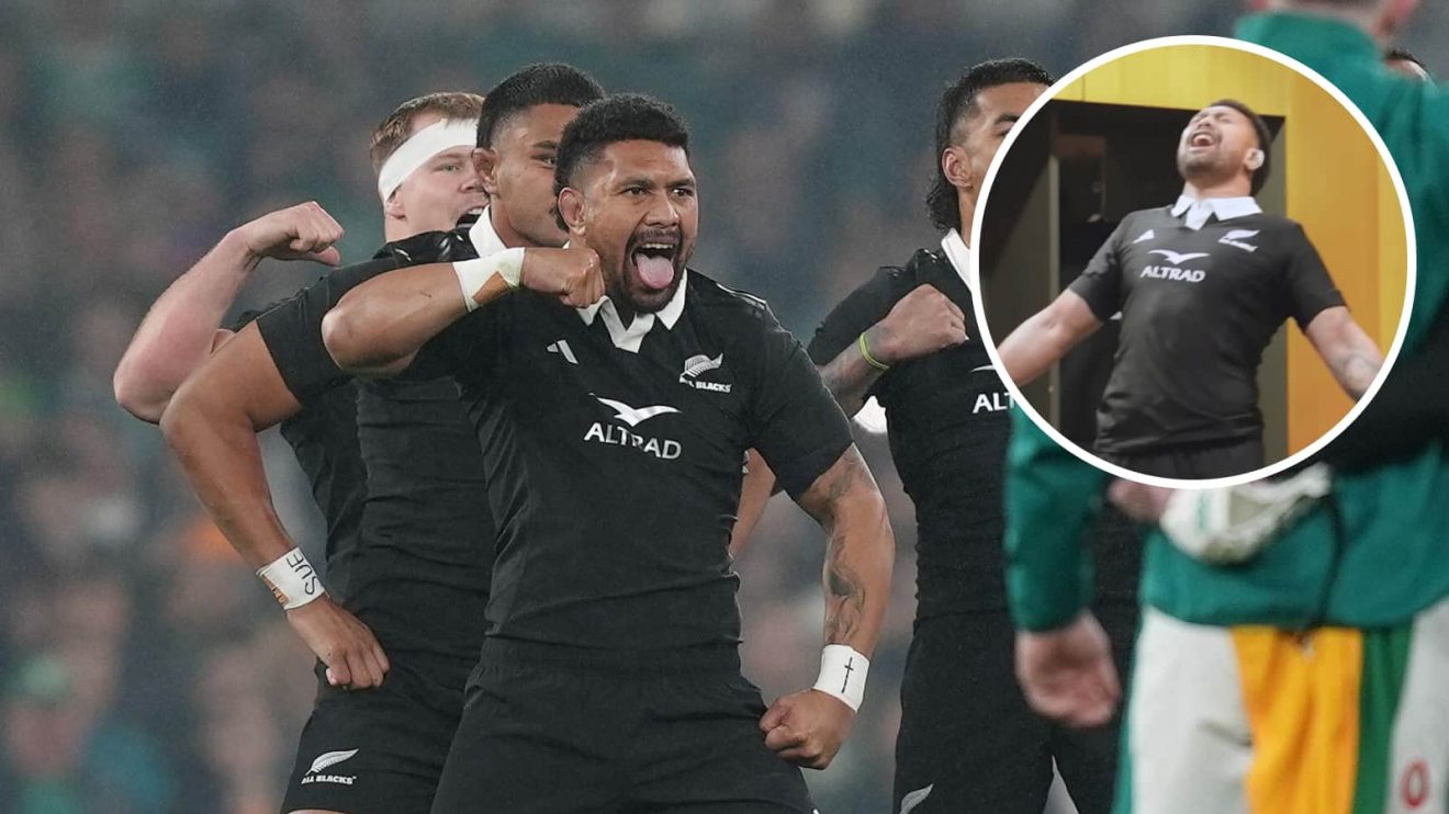 All Blacks star Ardie Savea performs the Haka and insert of him after the win over Ireland.