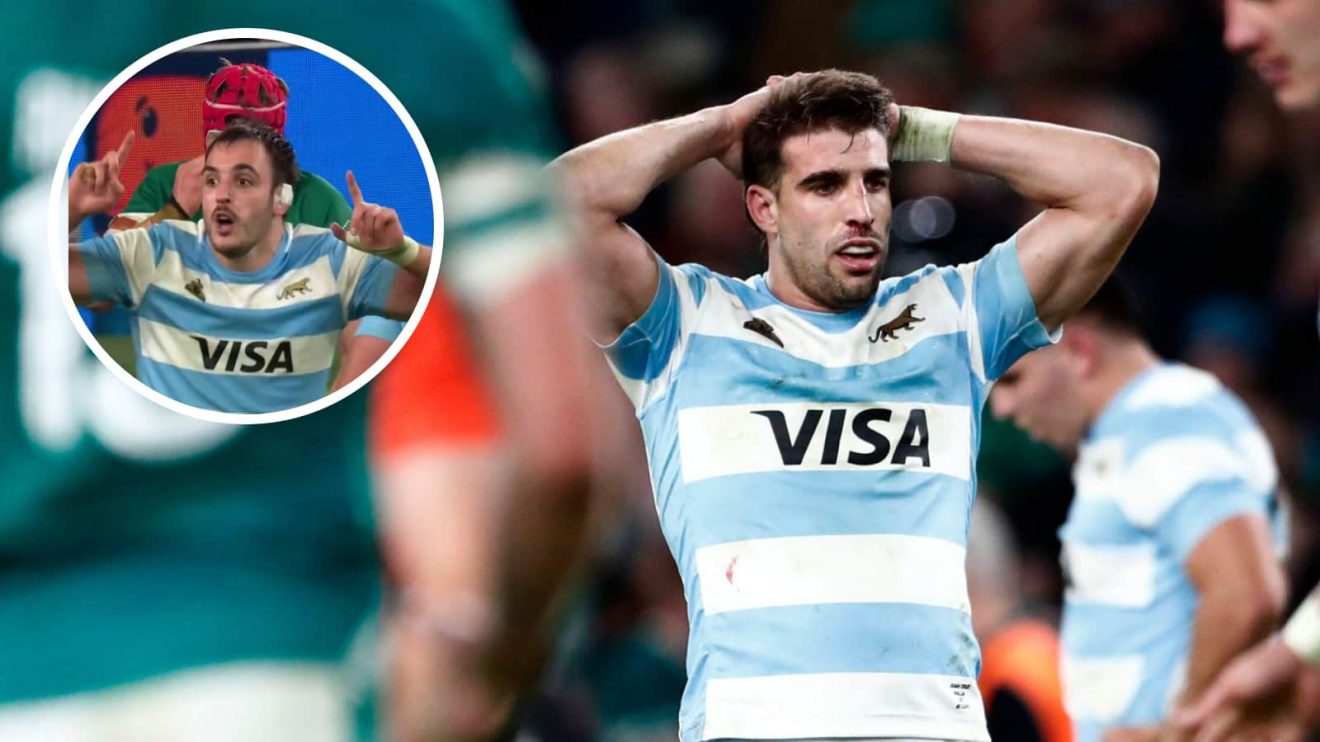 Argentina back Juan Cruz Mallia reacts to the defeat to Ireland and an insert of Franco Molina.