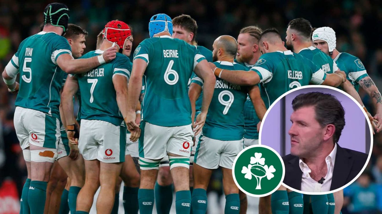 Ireland players in a huddle against Argentina and former wing Shane Horgan (inset) as a pundit.