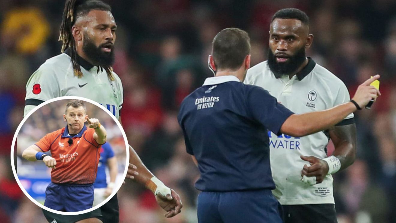 Semi Radradra being yellow carded for Fiji against Wales and former referee Nigel Owens (inset).