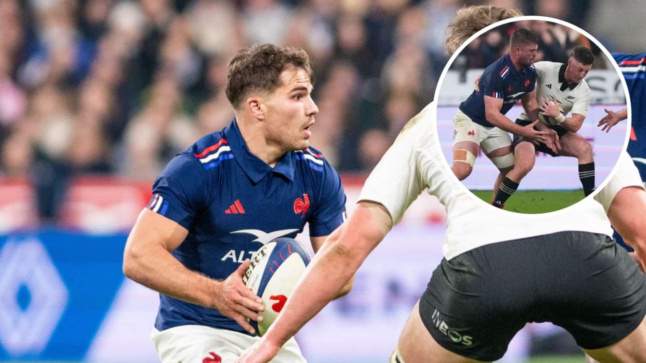 France captain Antoine Dupont and an insert of All Blacks scrum-half Cameron Roigard.