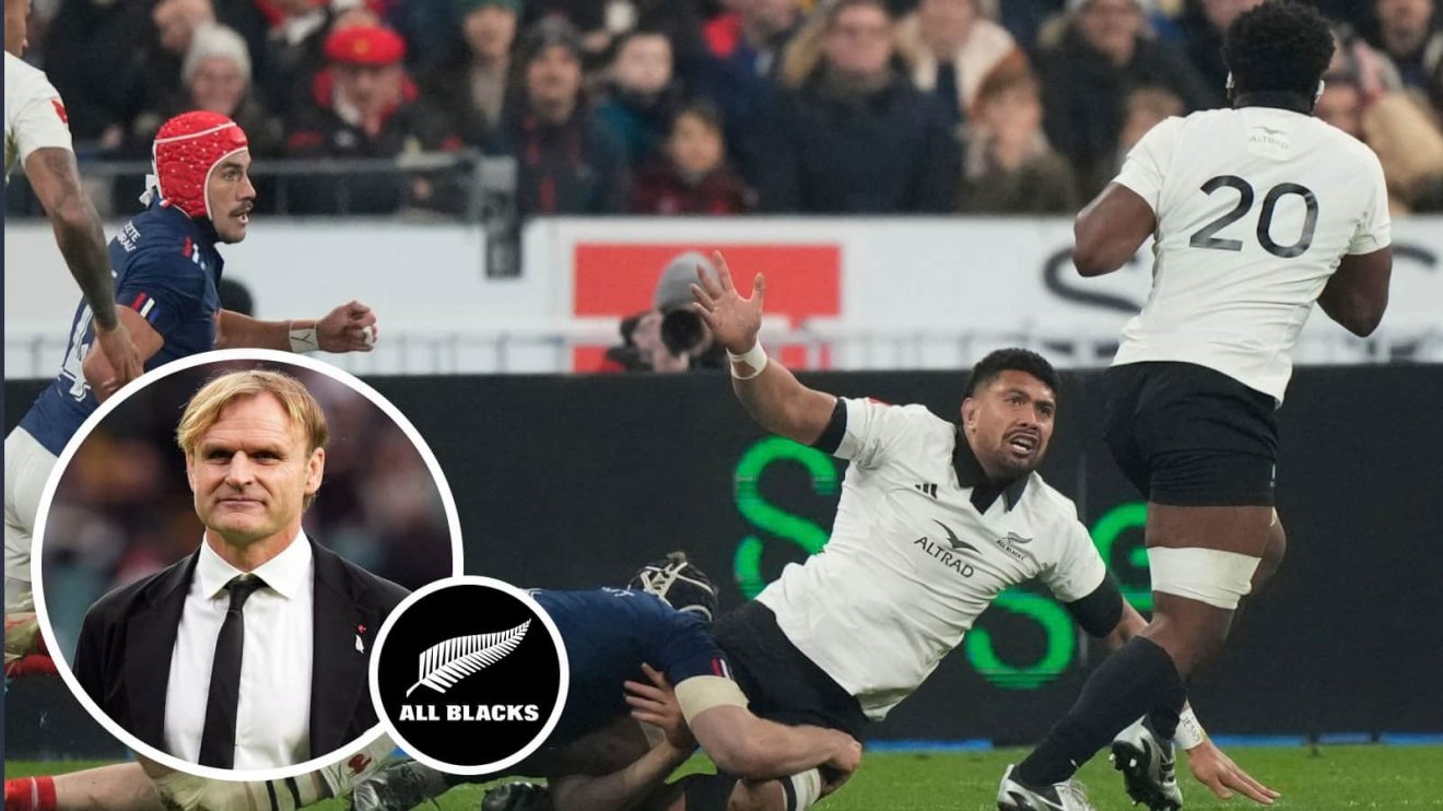 Ardie Savea setting up Peter Lakai's try against France and All Blacks head coach Scott Robertson (inset).