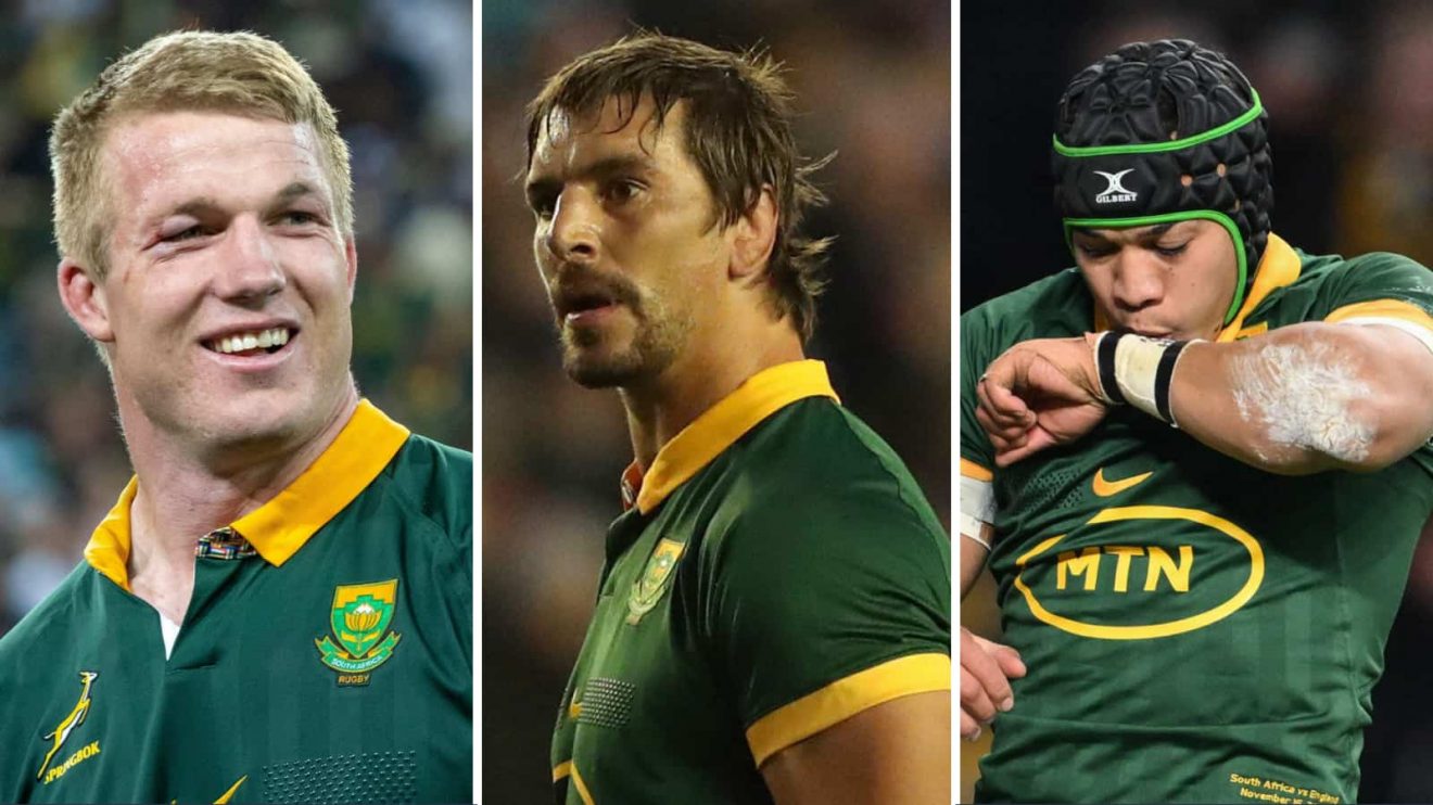 Split image Springboks players Pieter-Steph du Toit, Eben Etzebeth and Cheslin Kolbe.