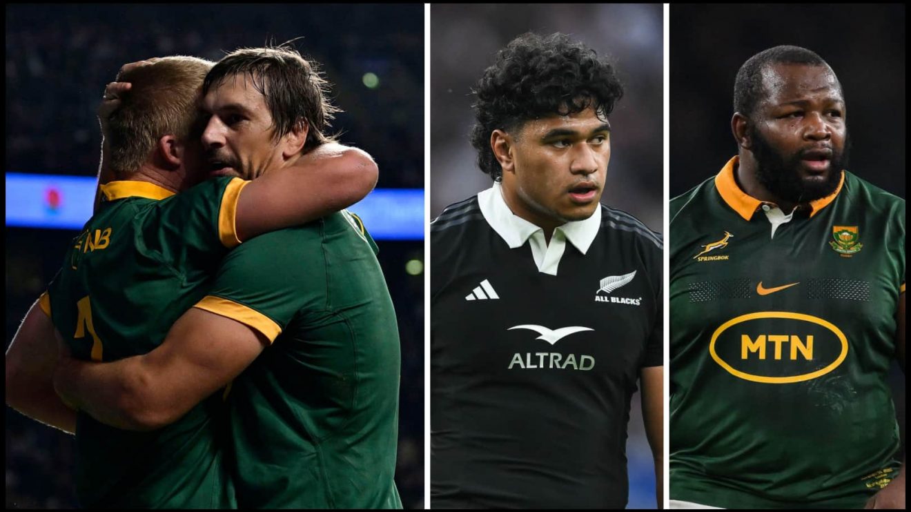 Split image of Pieter-Steph du Toit and Eben Etzebeth, All Blacks back-rower Wallace Sitit and Bok prop Ox Nche.