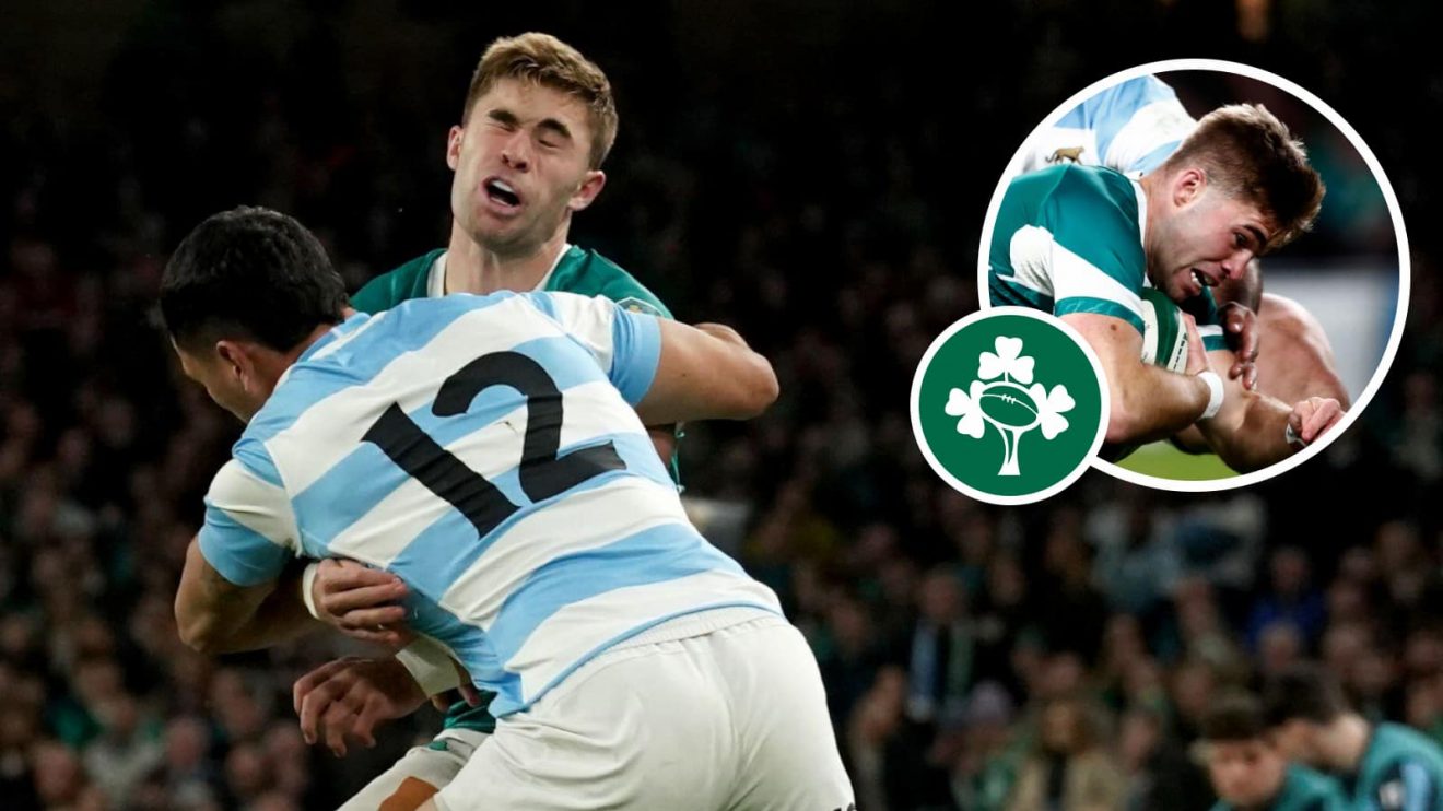 Jack Crowley getting hit high by Matias Moroni and then scoring a try (inset) for Ireland a minute later.