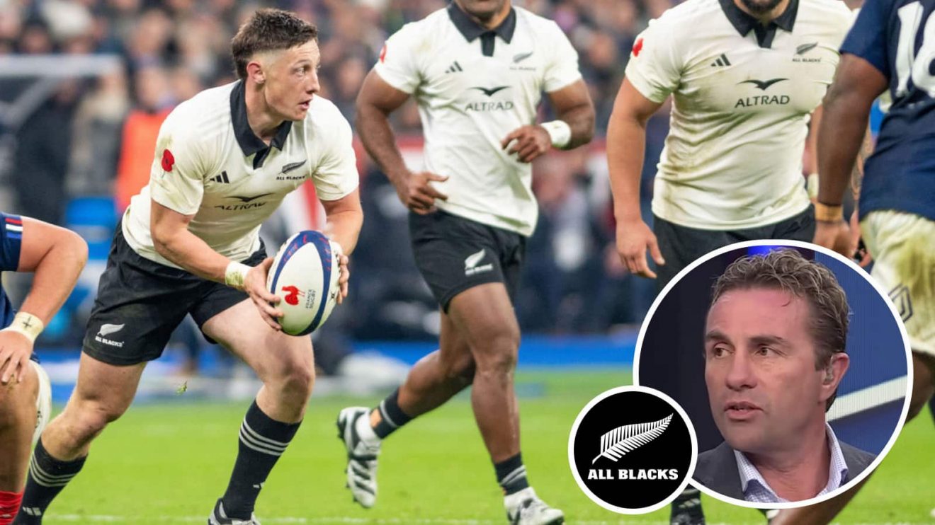 Cam Roigard in action for the All Blacks against France, and former scrum-half Justin Marshall.