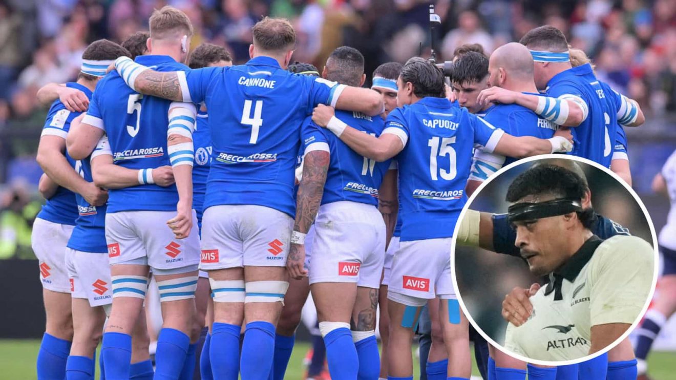 Italy team in a huddle and All Blacks lock Tupou Vaa'i in action.