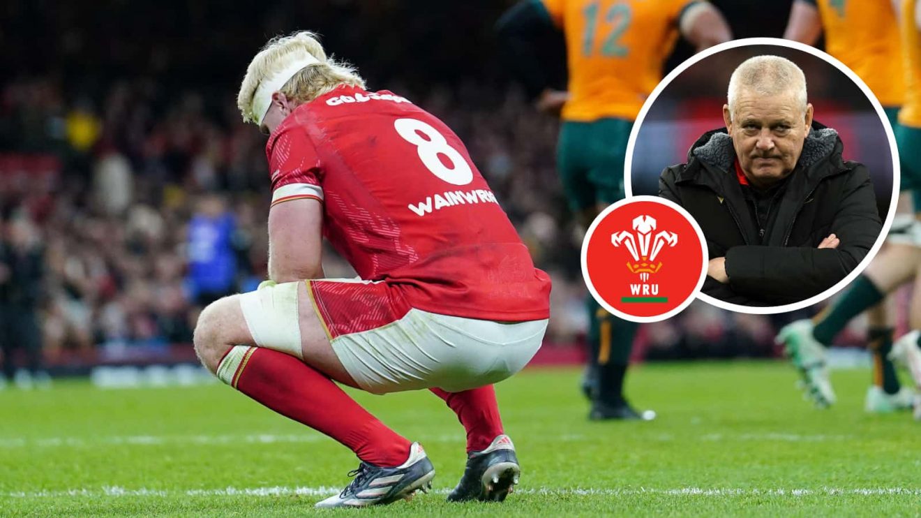 Wales back rower Aaron Wainwright and an insert of head coach Warren Gatland.