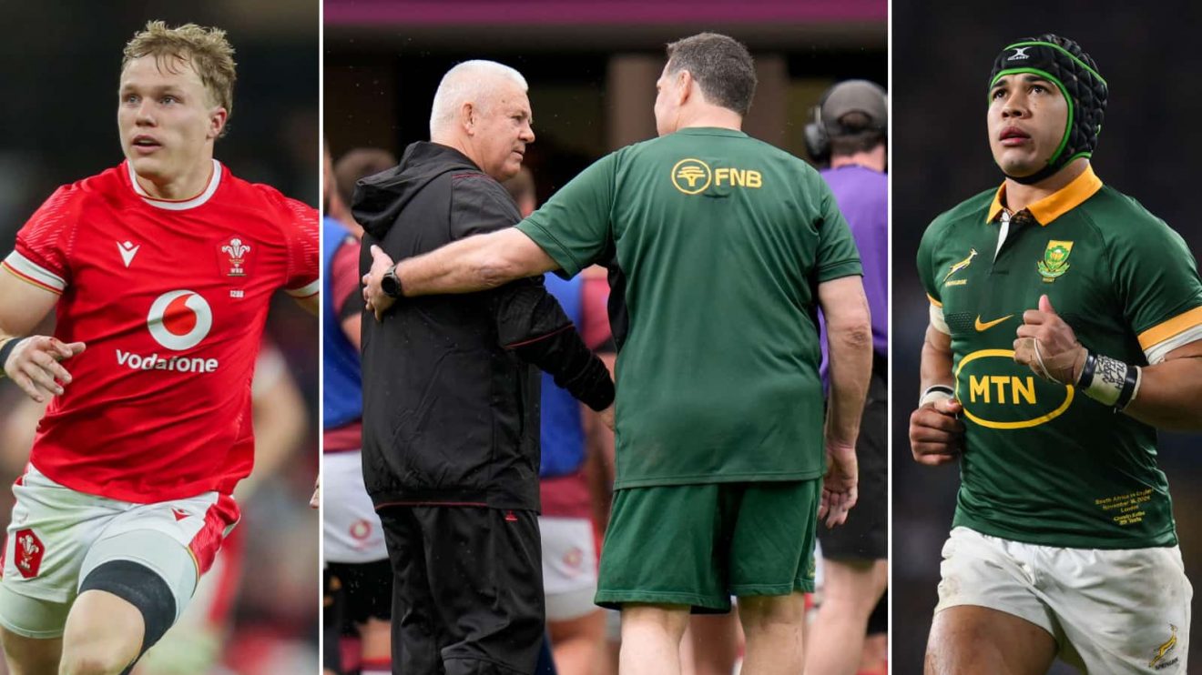 Split image of Blair Murray, Wales coach Warren Gatland and Springboks boss Rassie Erasmus and winger Cheslin Kolbe.